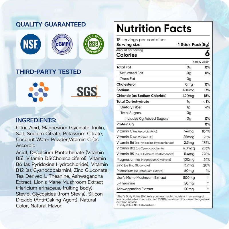 Daily Hydration Electrolyte Powder Sugar Free -Variety 18 Packs for Sport | Liquid Daily IV Drink Mix | 1,000mg Total of 5 Electrolytes | 5 Vitamins | Ashwagandha, L-Theanine | Non-GMO Lemon Lime