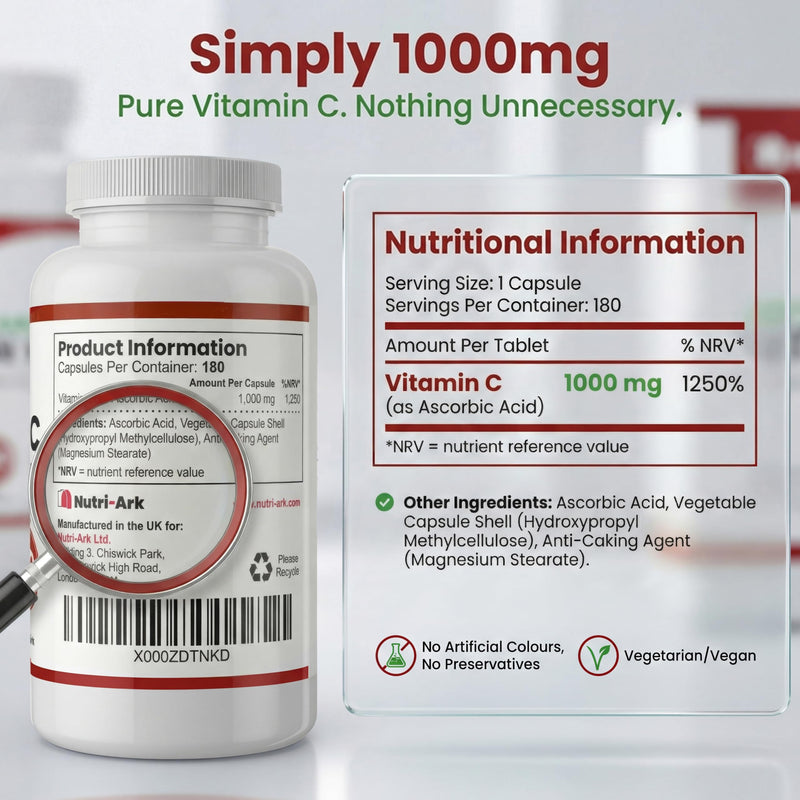Vitamin C 1000mg | 180 Capsules (6 Month Supply) | High Strength Ascorbic Acid | Vegan & Vegetarian Friendly | Manufactured in the UK