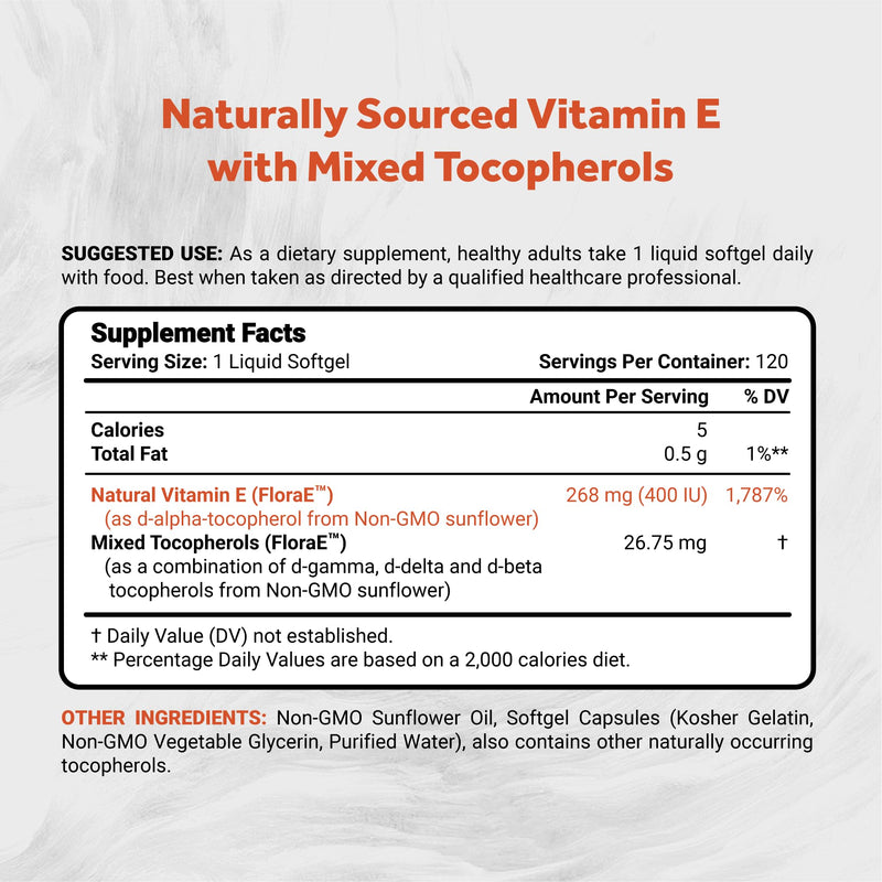 Naturalis Sunflower Vitamin E 268mg (400 IU) 120 Softgels | Sunflower-Sourced Vitamin E with Mixed Tocopherols for Skin Health and Immune Support.* 400 IU 120 Count (Pack of 1)