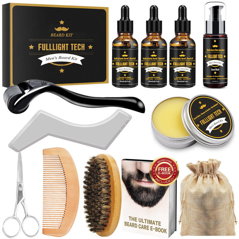 [Australia] - Dad gift Christmas, beard care set for men with beard roller, beard shampoo, 3 beard oil, beard balm, beard comb, beard brush, beard scissors, beard stencils, men's beard care set gift for men Christmas black 
