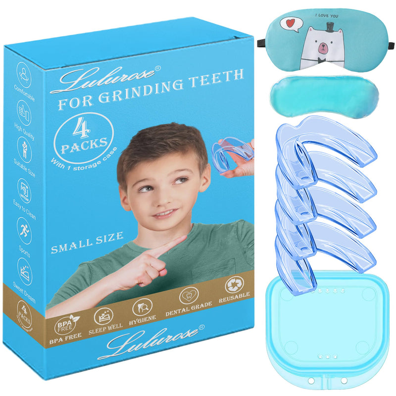 Kids Mouth Guard Blue for Grinding Teeth 4 Pack Moldable Night Guards for Clenching Teeth | Comfortable Nighttime Protection Guard | Including Hygiene Case & Gel Ice Pack