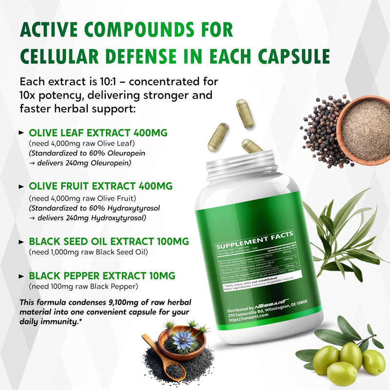 [Australia] - Olive Leaf & Olive Fruit 9,100mg with 60% Oleuropein & 60% Hydroxytyrosol ‚Äì Plus Black Seed Oil & Black Pepper ‚Äì 150 Capsules ‚Äì Made in USA 150 count (Pack of 1) 