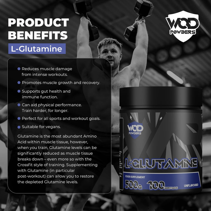 Glutamine Powder - 500g | Amino Acid, Improve Recovery, Boosts Immune System | Unflavoured 100% Micronized Glutamine Powder | 100 Servings in Tub with Scoop by WOD Powders