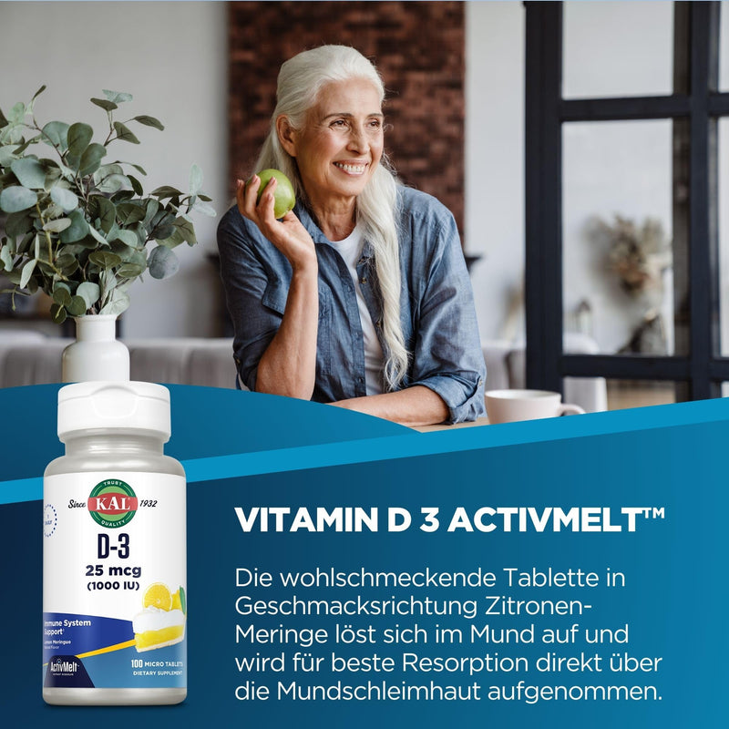 KAL Vitamin D-3 1000 IU | Natural Lemon Flavor ActivMelt Micro Tablets | Healthy Immune Function & Bone Support | 100ct | Vitamin D Supplement for Men and Women, Bone Health and Immune Support, Optimal Absorption Format, Natural Lemon Flavor