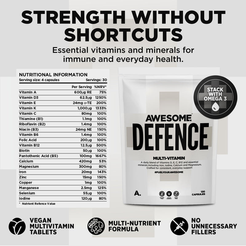 Awesome Health Defence - Vegan Multivitamin Tablets – Multi-Vitamin & Multinutrient Supplement – 120 Capsules – Vitamin D,C,E – Immune Support, Antioxidant Protection – Vegan Supplement 1 count (Pack of 120)