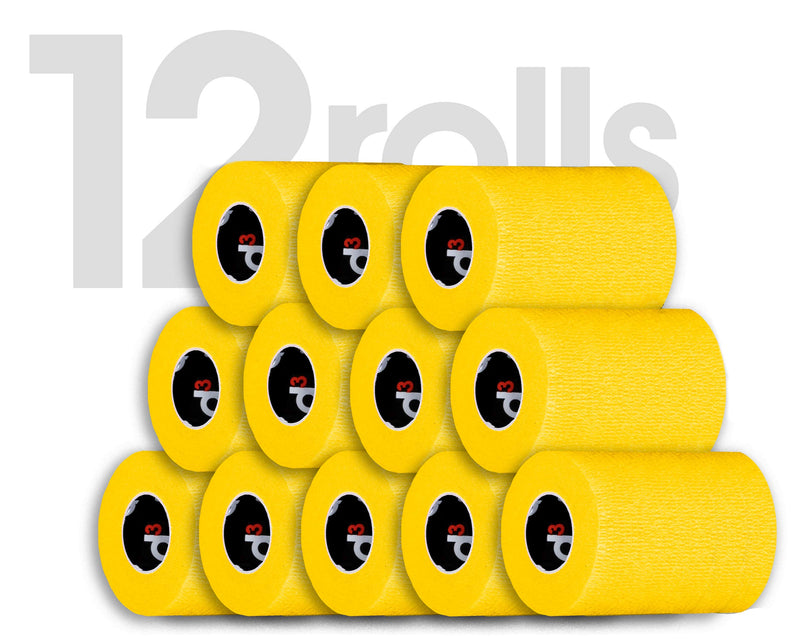 d3 Cohesive Bandage Compression Wrap Extra Wide Yellow 100mm x 5 metres (12 Rolls) Sports Physio Joint Injury Support Strapping Horses, Dogs Pet & Vet Leg Wrap 12 Rolls