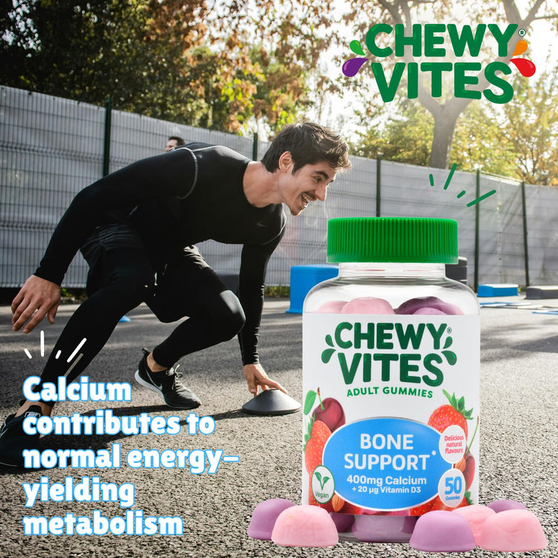 Chewy Vites Adult Bone Support 50 Vitamin Gummies, 400mg Calcium Gummies with 20 mcg Vitamin D3, for Bones, Teeth & Muscle Function, 2-a-Day, Vegan, Mix of Wild Cherry and Strawberry Flavour