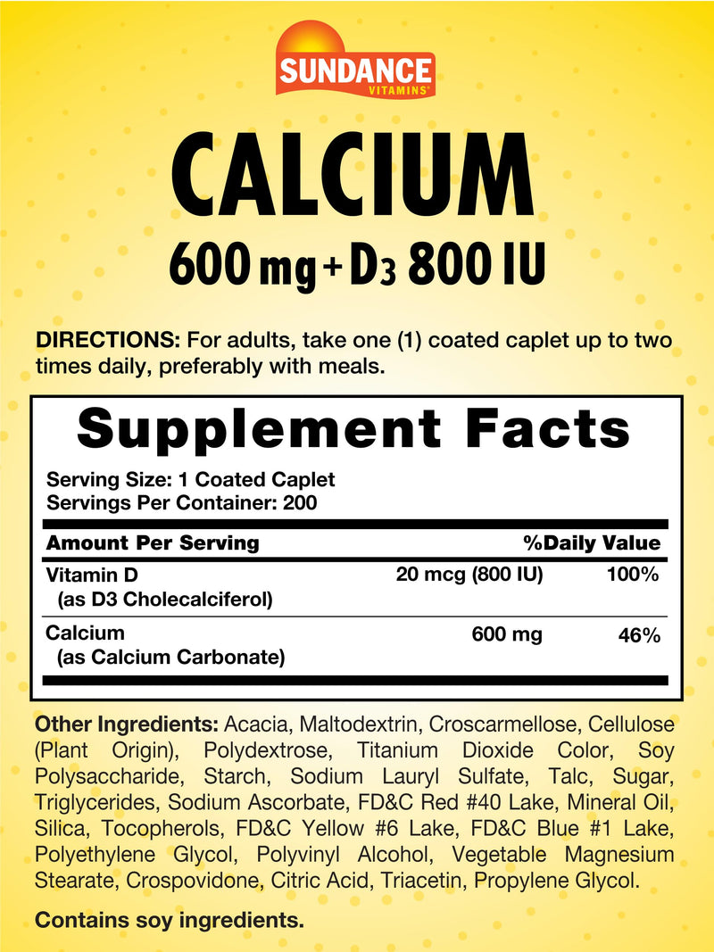 Sundance Calcium with Vitamin D3 | 600mg | 200 Caplets | Vegetarian, Non-GMO, and Gluten Free Supplement 200 Count (Pack of 1)