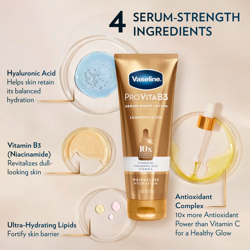 Vaseline Pro VitaB3 Skin Care Serum Burst for Healthy, Glowing Skin Luminous Glow & Supple & Soft 10x Antioxidant Power of Vitamin C with Vitamin B3, Hyaluronic Acid 7.5 fl oz 2Pk | Body moisturizer for dull-looking skin with Vitamins C, E, Niacinamide...