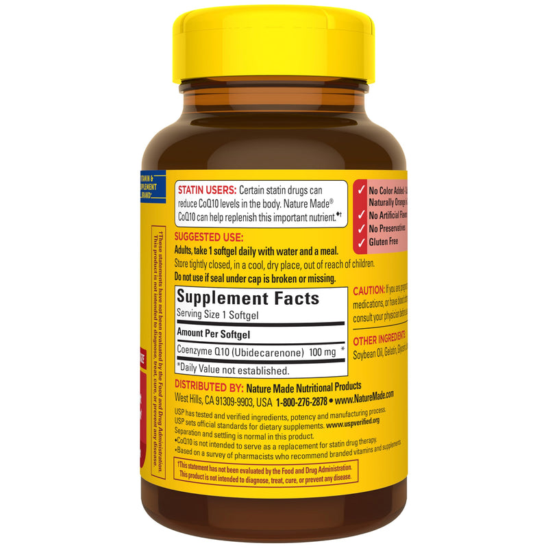 Nature Made CoQ10 100mg Softgels for Heart Health Support, 120 Softgels | Co Q 10 Supplement for Women and Men, Dietary Supplement that Provides Antioxidant Support, 120 Day Supply 120 Count (Pack of 1)
