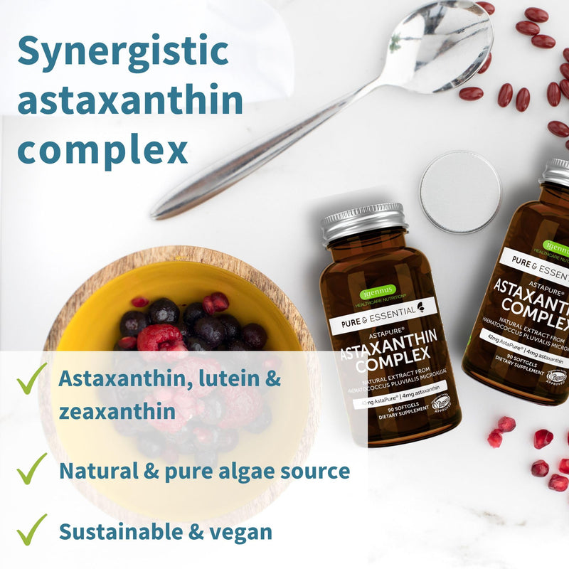 [Australia] - Astaxanthin Complex with Lutein and Zeaxanthin, Natural Algae Antioxidant for Eyes, Skin & Joints, Non-GMO 42 mg Astapure Providing H. Pluvialis Astaxanthin 4mg Softgels, Pure & Essential 