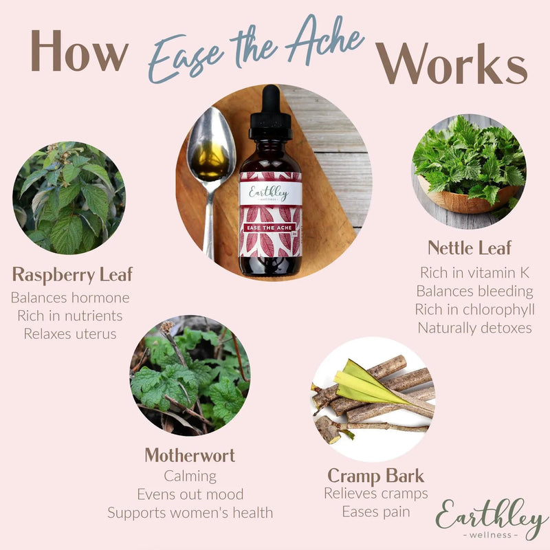 [Australia] - Earthley Wellness Ease The Ache, Natural Hormone Support for Cramps, Bloating, Mood Swings, and Postpartum Discomfort, Cramp Bark, Red Raspberry Leaf, Motherwort, Nettle (1oz) 