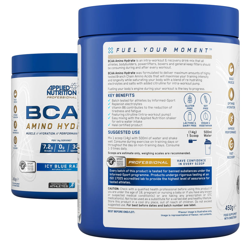 Applied Nutrition BCAA Powder - Branched Chain Amino Acids BCAAs Supplement, Amino Hydrate Intra Workout & Recovery Energy Drink (450g - 32 Servings) (ICY Blue Raz) Icy Blue Raz 450g (Pack of 1)