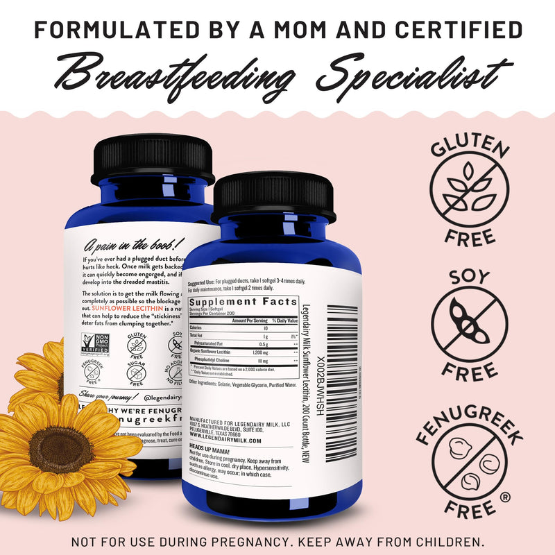 [Australia] - Legendairy Milk Sunflower Lecithin, 1200mg Organic Sunflower Lecithin Supplement for Clogged Milk Ducts, Made in USA, 200 Softgels 