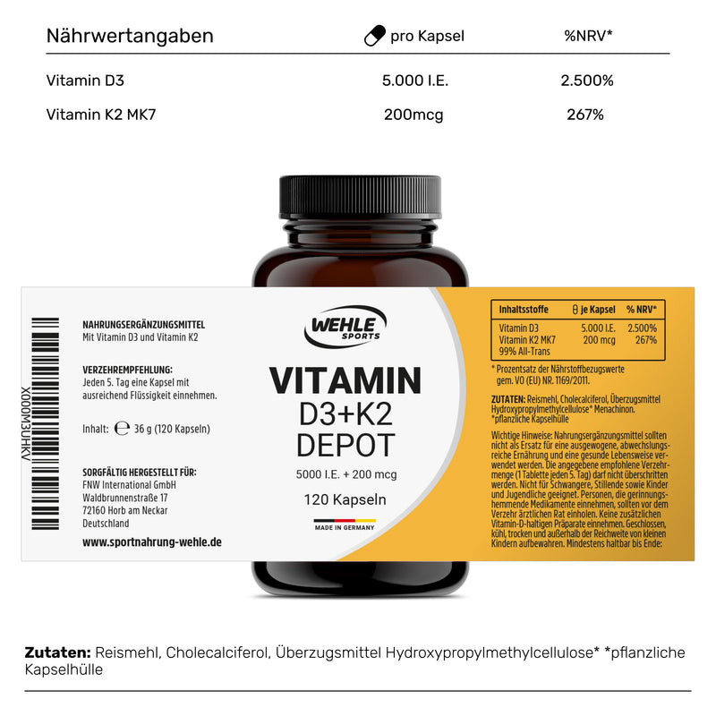 [Australia] - Vitamin D3 K2 Depot 120 capsules high dose 5,000 IU vitamin D3 + 200 µg vitamin K2 MK7 All Trans - Wehle Sports - without additives, made in Germany. 