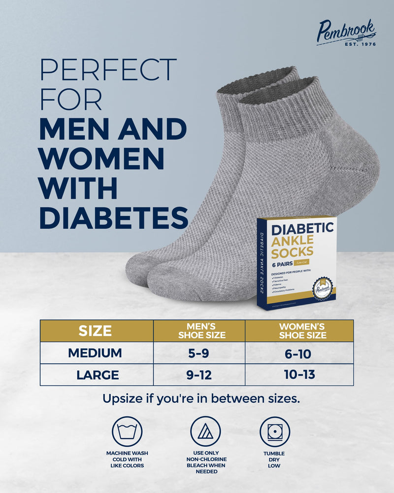 [Australia] - Pembrook Ankle Diabetic Socks for Women and Men - 6 Pairs | Low Cut Neuropathy Socks for Women | Smooth Toe Seams Large 2 White / 2 Gray / 2 Black - 6 Pairs 