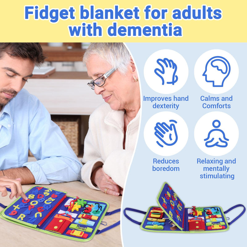 [Australia] - Fidget Blanket for Adults with Dementia ,Dementia Products for Elderly, Alzheimer's and Dementia Therapy Aid Busy Blanket, Anxiety Relief and Sensory Stimulation, Three-page with Alphabet stickers 
