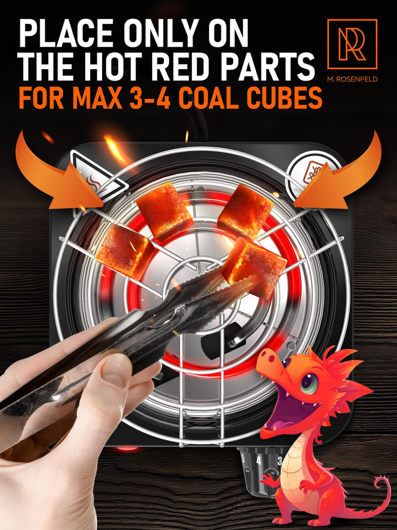 [Australia] - M. ROSENFELD Hookah Coal Burner 500W with grid - Coal Burner for Hookah Cubes BLACK HEAT Hookah Charcoal Burner Electric for Shisha with grill & FREE Hookah Tongs Hookah Stove - 304 Stainless Steel 