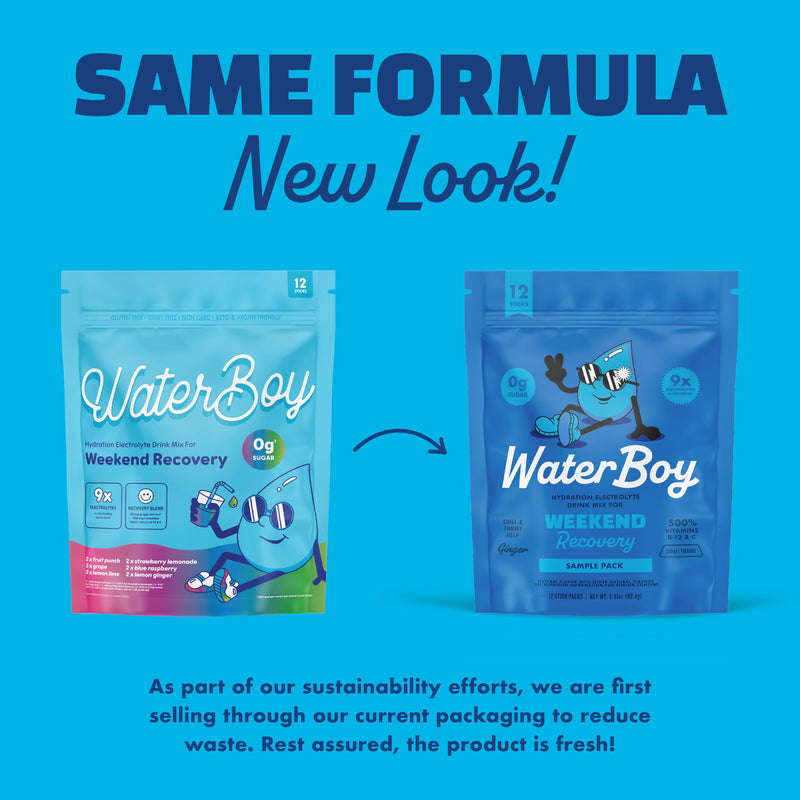 [Australia] - Waterboy Weekend Recovery Sample Pack | 3,200mg Electrolyte Powder Packets | Ginger + L-Theanine + Vitamins | No Sugar, All Natural, Gluten Free | 12 Drink Stick Mixes (Sample Pack) Variety Pack 12ct 
