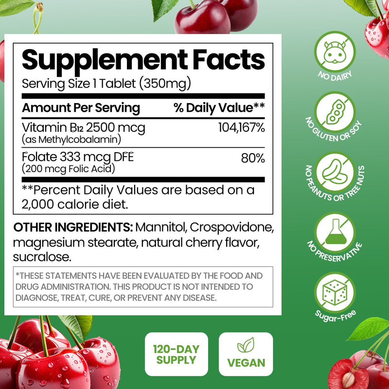 Vitamin B12 Methylcobalamin Sublingual 2500 mcg(4-Month Supply) | With Folic Acid Under Tongue Cherry Flavor for Cellular Energy Support, Energy Metabolism, Nervous System Health
