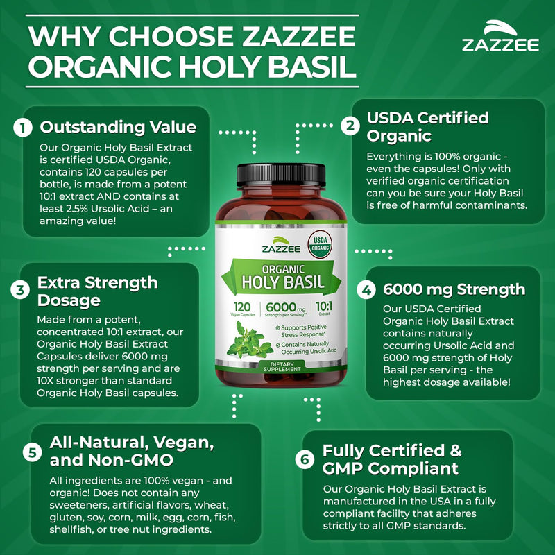[Australia] - Zazzee USDA Organic Holy Basil 10:1 Extract, 6000 mg Strength, 120 Vegan Capsules, Concentrated and Standardized 10X Tulsi Extract, Ursolic Acid, 100% Certified Organic, Non-GMO 