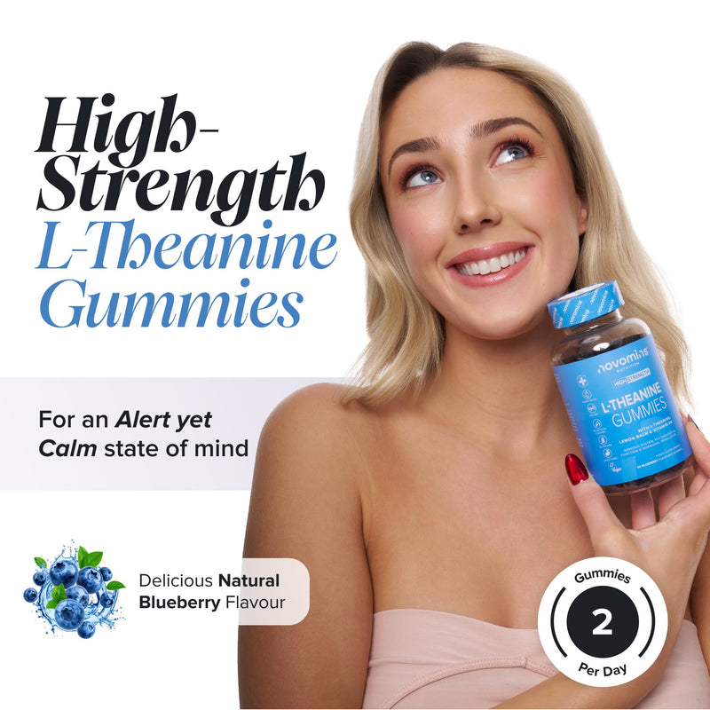 L Theanine Gummies - 200 mg L-Theanine Supplement with Lemon Balm & Vitamin B6 - Supports Nervous System & Hormonal Function - Vegan, Halal - 60 Count - Novomins
