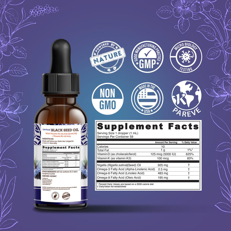 [Australia] - GuruNanda Black Seed Oil, Cold-Pressed Nigella Sativa - Rich in Vitamin D3 5000 Units, K2 & E, High Thymoquinone | Potent Antioxidant for Immune Support, Non-GMO, 2 Fl.oz 