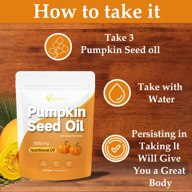 [Australia] - Pumpkin Seed Oil with Saw Palmetto,Nutrikiv Pumpkin Seed Oil,3000mg, Cold Pressed,Essential Fatty Acids & Phytosterols, Non-GMO,Supports Hair, Urinary, Bladder & Prostate Health 180 Softgels (1) 1 