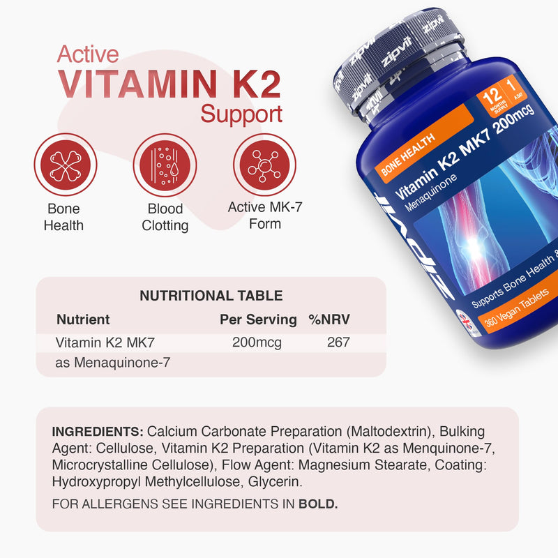 Zipvit Vitamin K2 MK7 200mcg, High Strength K2 Vitamin Supplement, Supports Heart & Bone Health, 360 Vegan Tablets, 12 Months Supply 360 Tablets