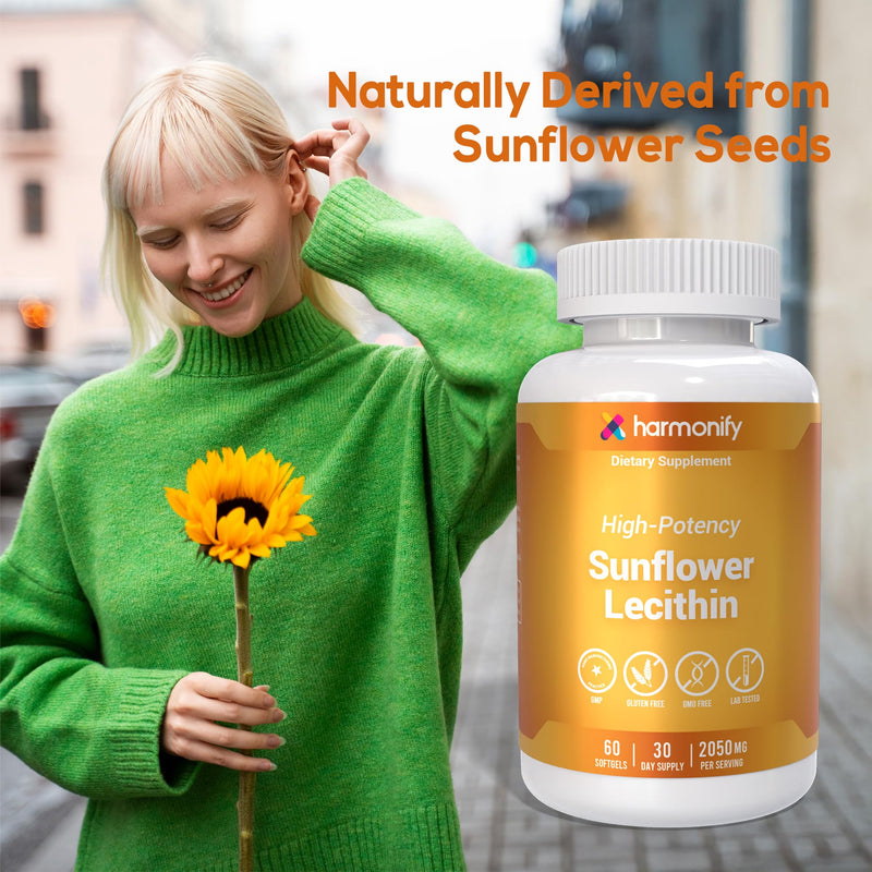Sunflower Lecithin Wellness Supplement, 2050 mg High-Potency, Lab Tested Non-GMO, Gluten-Free, Soy-Free 60 Softgels, Proudly USA Company