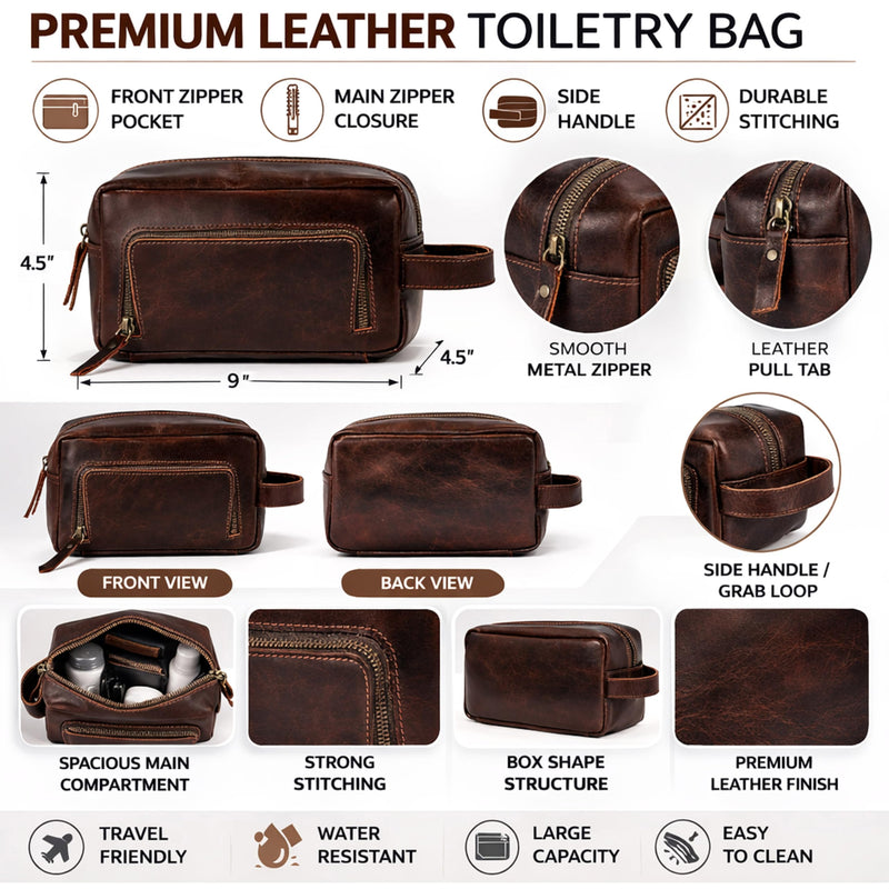 Men's Toiletry Bag Leather Travel Toiletry Bag Dopp Kit for Men Shaving Bag for Travel Accessories 101 YEAR QUALITY REPLACEMENT WARRENTY Dark Chocolate Brown