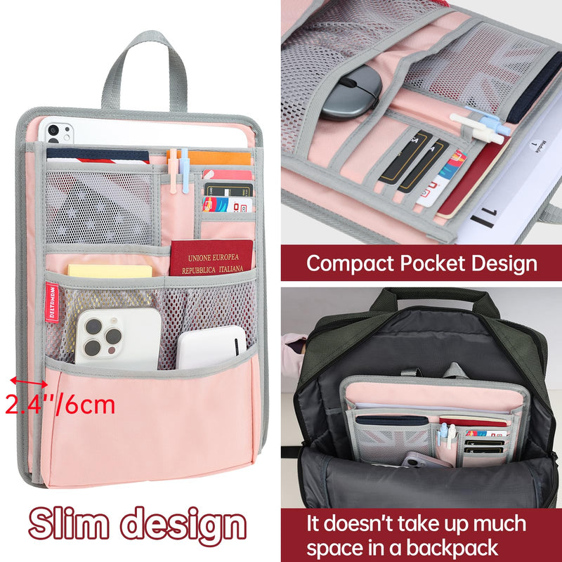 Slim Rugged Backpack Organizer Insert for Business Casual Men Women -13 Pockets,Padded Nylon,Max 14'' laptop- Pink