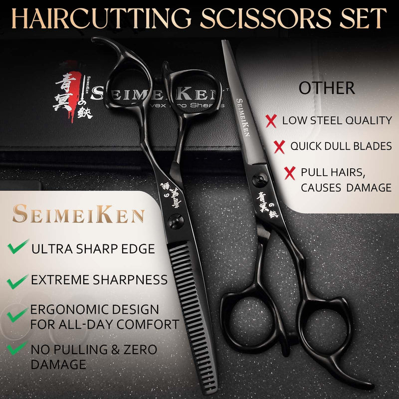 6.0 Inch Black Professional Hair Cutting Scissors and Thinning Shears Kit - 6” SUS440A Stainless Steel Hair Shears, Barber Scissors - Hair Cutting Kit for Salon & Home Use