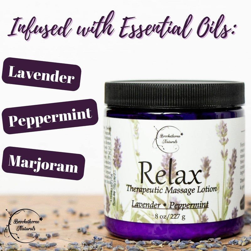[Australia] - Relax Therapeutic Massage Lotion – All Natural Enriched with Lavender & Peppermint Essential Oils Perfect for Massage Therapy - Massage Cream for Full Body Massage - Brookethorne Naturals 8oz 