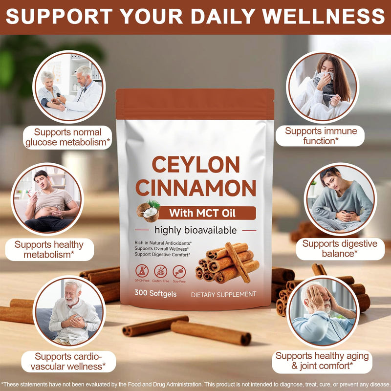 Ceylon Cinnamon Softgels with MCT Oil – 600mg Cinnamomum Verum Extract, Easily Absorbed Formula for Daily Wellness Support,300 Softgels, Non-GMO, Gluten Free Food Supplement 1 count (Pack of 300)