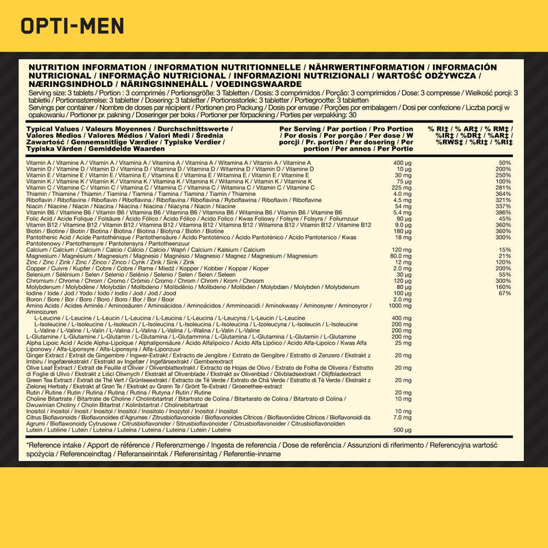 Optimum Nutrition Opti-Men Multi-Vitamin Supplements for Men with Vitamin D, Vitamin C, Vitamin B6 and Amino Acids, Unflavoured, 30 Servings, 90 Capsules 90 count (Pack of 1)