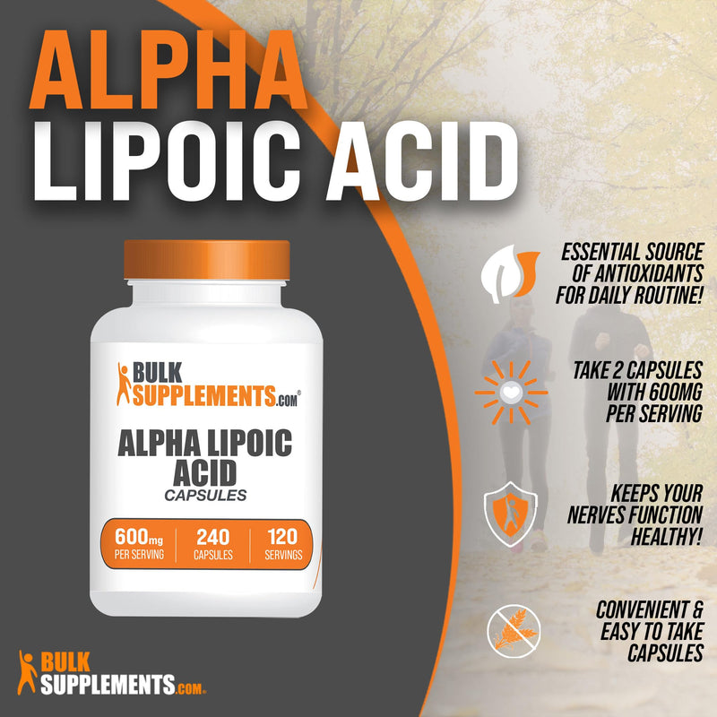 BulkSupplements.com Alpha Lipoic Acid Capsules - ALA Supplement, Alpha Lipoic Acid 600mg - ALA Capsules, Gluten Free - 2 Capsules per Serving, 240 Capsules (Pack of 1)