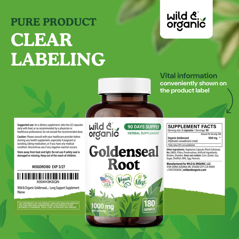 [Australia] - Wild & Organic Goldenseal Root Capsules 1000mg - Immune & Lung Support - 180 Goldenseal Powder Capsules - 90 Days Supply - Vegan, No Fillers, Non-GMO 