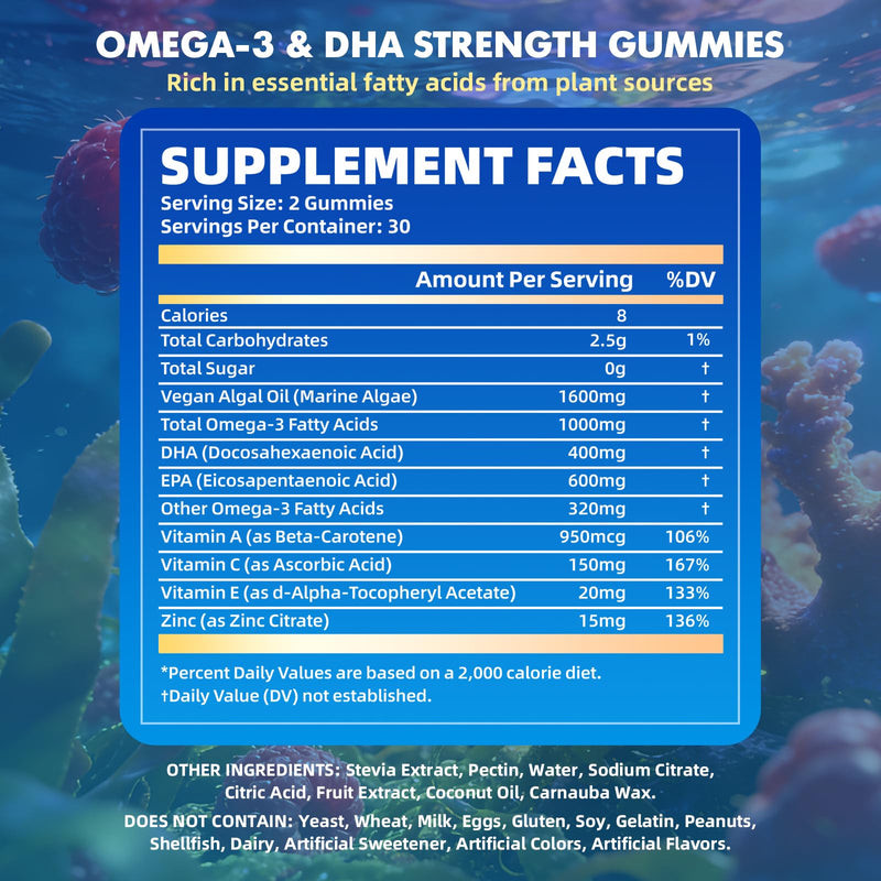 Vegan Omega-3 Gummies1000mg for Adults - Sugar Free Supplement with 400mg DHA & 600mg EPA, Vitamins A, C, E, and Zinc - 60 Count