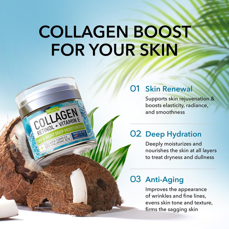 Collagen Cream for Face with Retinol - Anti Aging Face Moisturizer, 1.7 oz | Day & Night Cream for Face with Hyaluronic Acid & Vitamin E - Visibly Firming & Tightening Face Cream for Women & Men