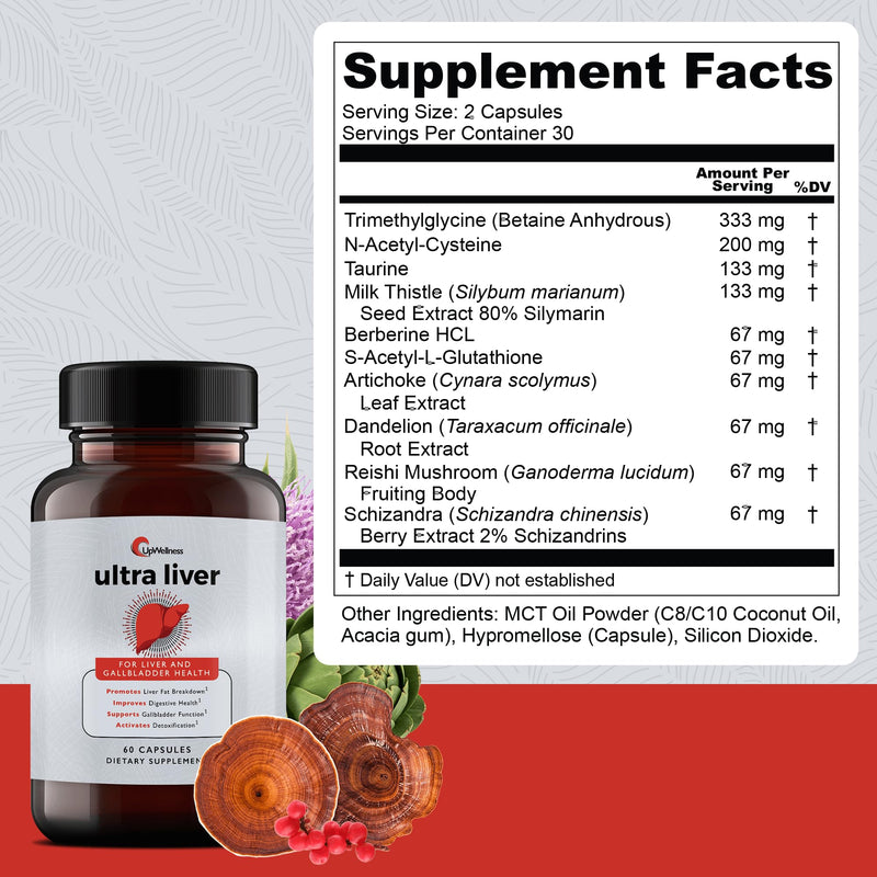 [Australia] - Ultra Liver Supplement for Liver Support and Gallbladder Support - Powered by TMG, NAC Milk Thistle, and More - Liver Cleanse Detox & Repair - 60 Capsules 60 Count (Pack of 1) 