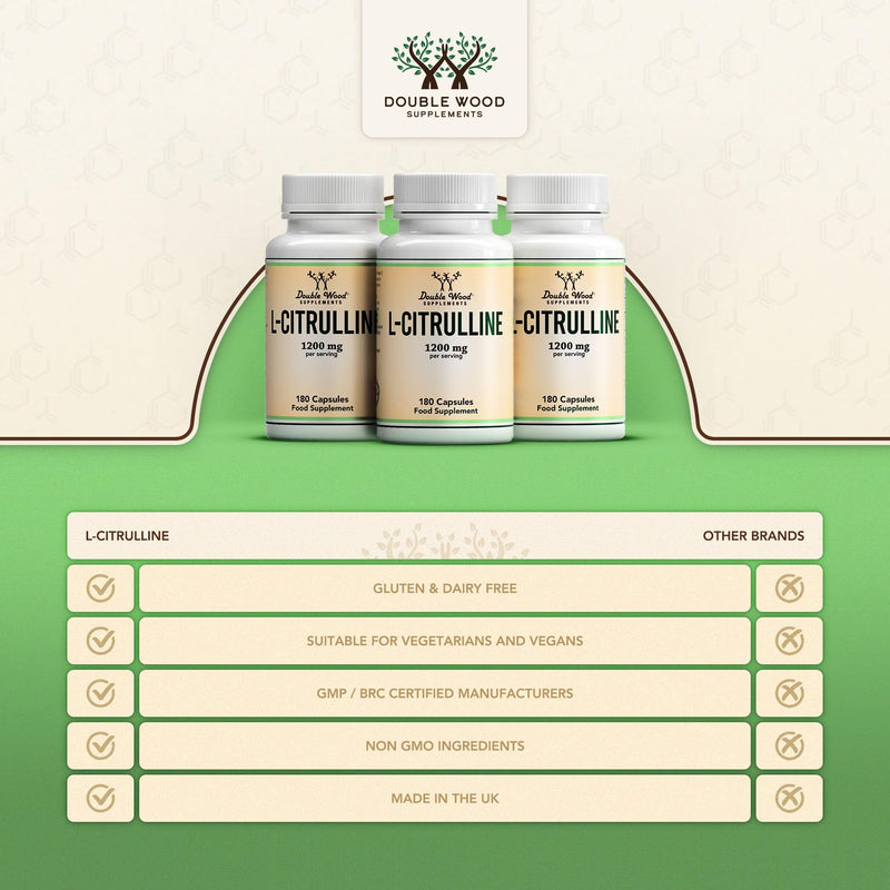[Australia] - Double Wood L-Citrulline | 180 Citrulline Capsules – 1200 mg L Citrulline per serving | Dietary supplements with nitric oxide | GMO and gluten free (180 capsules) 180 pieces (pack of 1) 