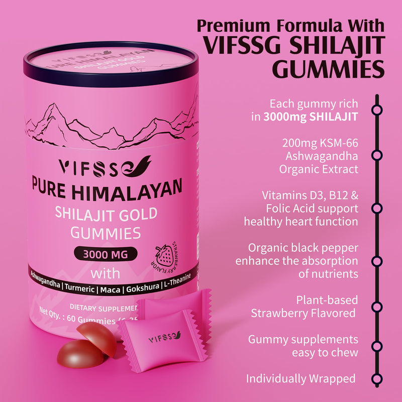 [Australia] - Shilajit Gummies, 3000 Mg Shilajit Pure Himalayan Organic with Ashwagandha, Turmeric Sugar-Free Gummies for Men and Women, Shilajit Supplement, Non-GMO Nature Shilajit for Energy, 60 Gummies 