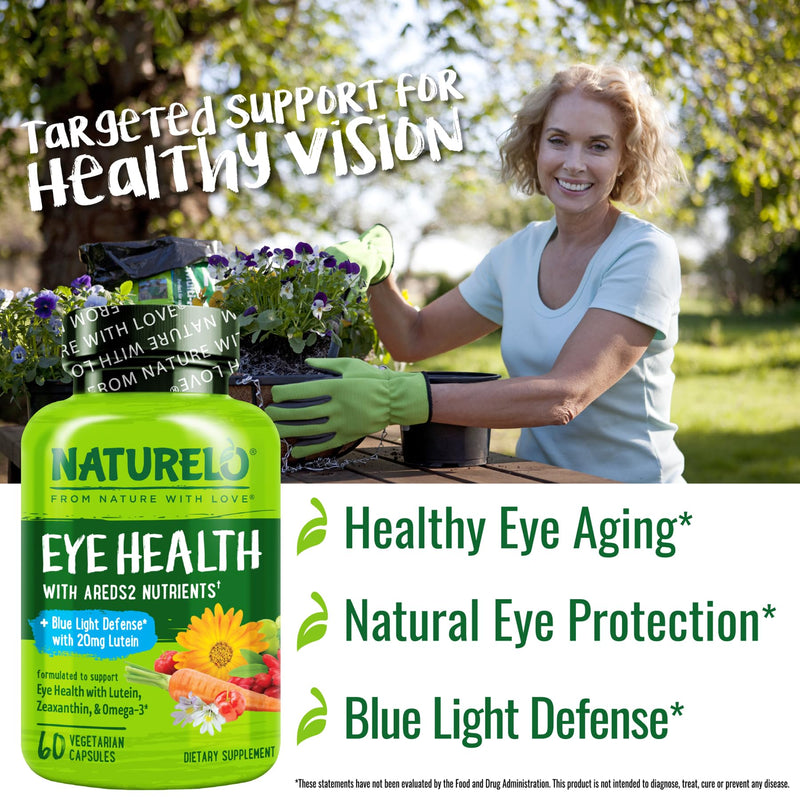[Australia] - NATURELO Eye Vitamins - AREDS 2 Formula Nutrients with Lutein, Zeaxanthin, Vitamin C, E, Zinc, Plus DHA - Supplement for Dry Eyes, Healthy Vision, Eye Support - 60 Vegan Capsules Unflavored 60 Count (Pack of 1) 