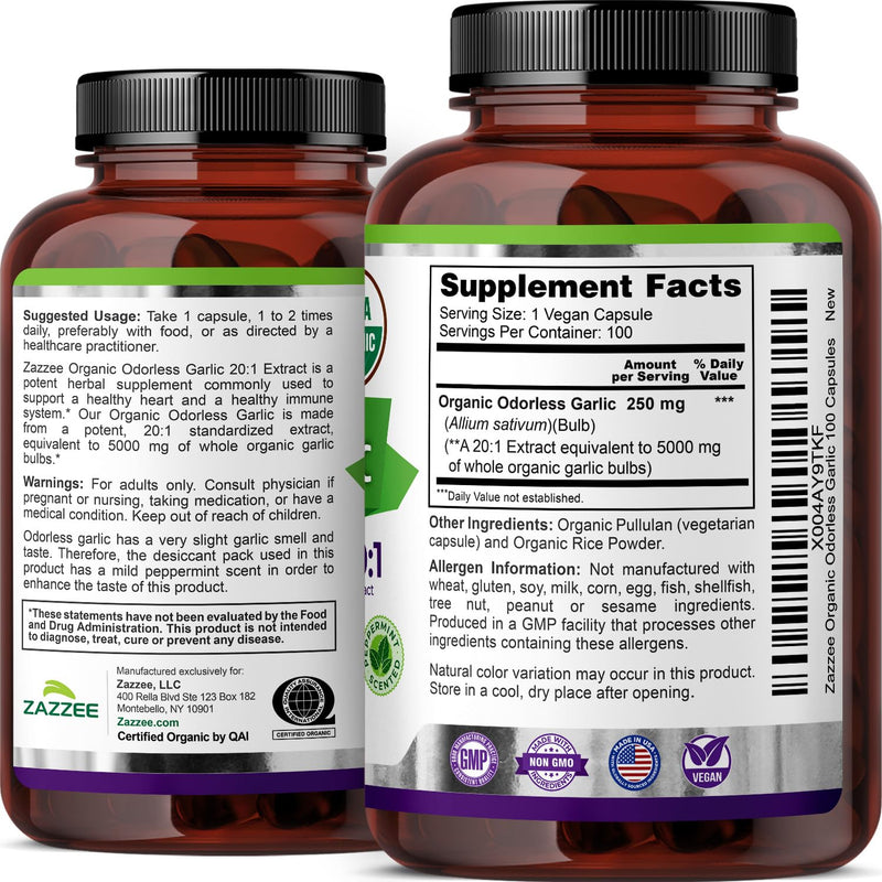 [Australia] - Zazzee USDA Organic Odorless Garlic 20:1 Extract, 5000 mg Strength, 100 Vegan Capsules, 3+ Month Supply, Standardized, Concentrated 20X Extract, 100% Vegetarian, All-Natural, Non-GMO, Made in The USA 