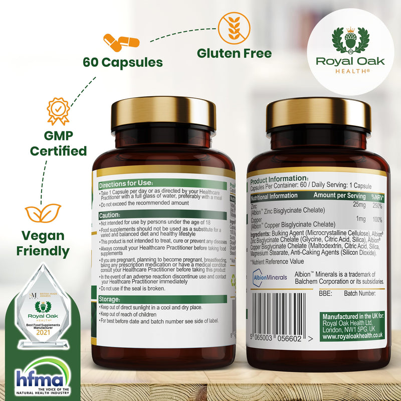Zinc Bisglycinate 25mg with Copper (Albion Chelated) x60 Capsules (2 Month Supply) High Strength Zinc Supplement for Men & Women. UK Made By Royal Oak Health