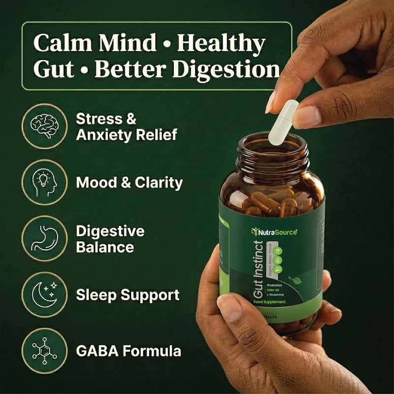 Gut Instinct GABA Probiotic for Stress, Mood & Gut Health | Gut-Brain Axis Complex with KSM-66 Ashwagandha, L-Glutamine & Calcium | High Strength Vegan Capsules, UK Made, 60 Count