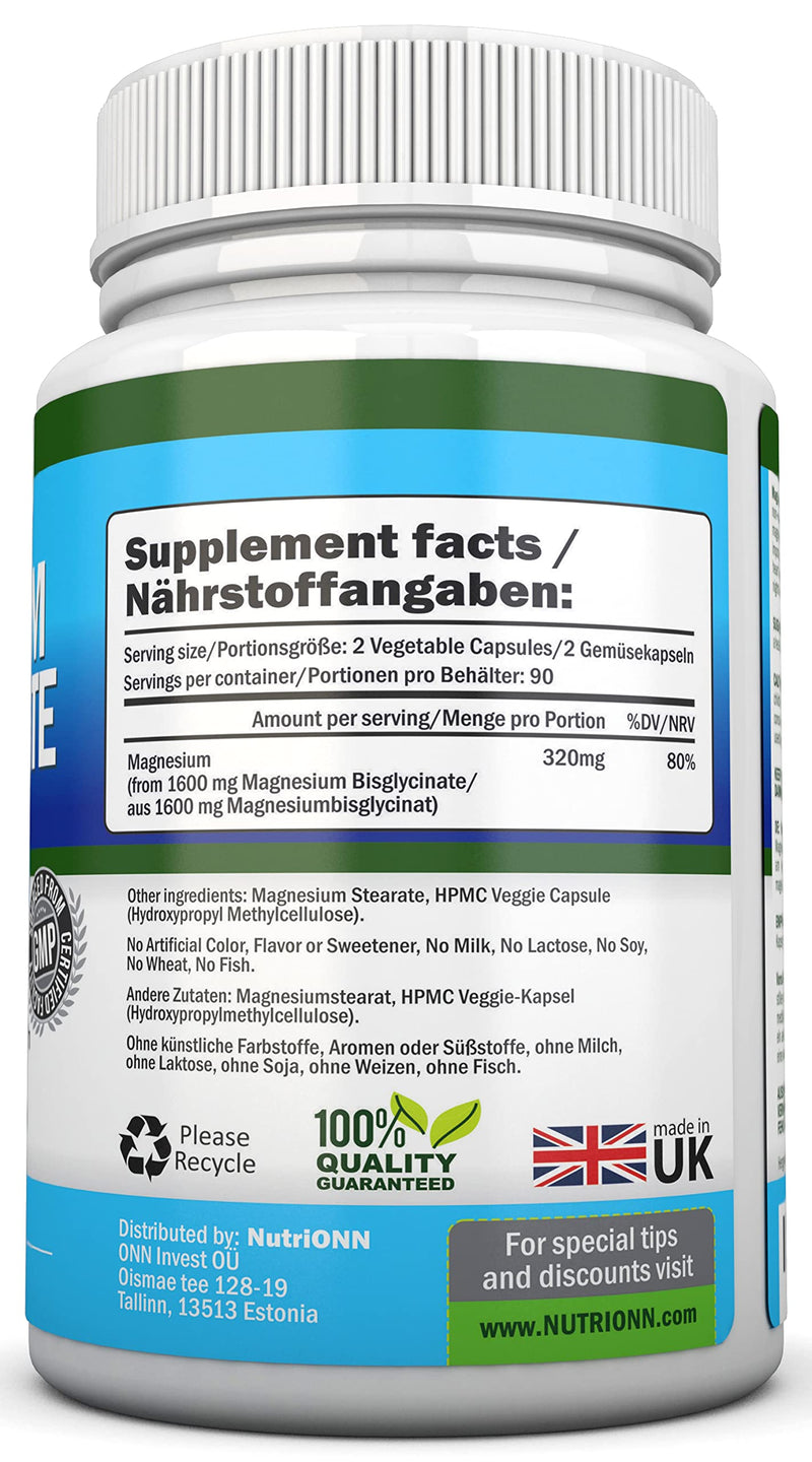 Magnesium Bisglycinate - 1600 mg - 180 Vegan Capsules - High Absorption - Chelate Vegan Supplement - High Bioavailability Pills - Great for Sleep, Anxiety, Heart Health, Muscle Cramps and Bones