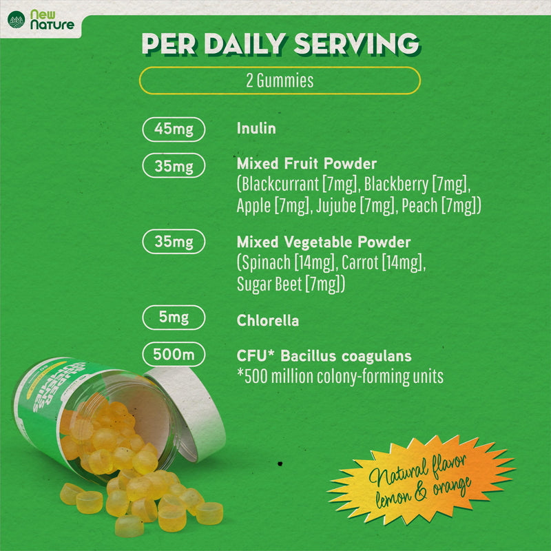 New Nature Super Greens Gummies - Greens Supplement with Fruit & Veggie Powders, Chlorella & Bacillus Coagulans - 60 Lemon & Orange Flavour Gummies - UK Made, Gelatin-Free
