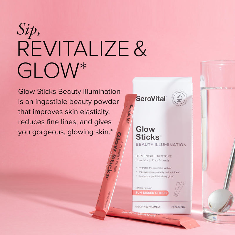 [Australia] - Serovital Glow Sticks Sugar-Free Powder Drink Mix with Hyaluronic Acid Ceramides Electrolytes for Skin Hydration in 14 Days Sun-Kissed Citrus Flavor 28 Packets 
